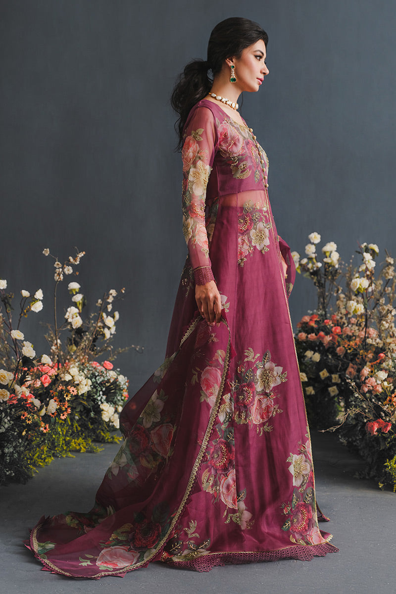 Pakistani Maroon Floral Embroidered Organza Anarkali Dress (2-Piece) - Image 4