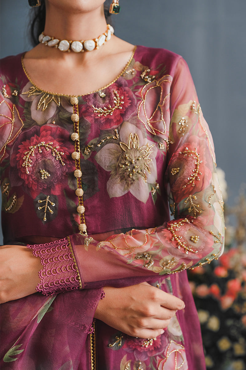 Pakistani Maroon Floral Embroidered Organza Anarkali Dress (2-Piece) - Image 5
