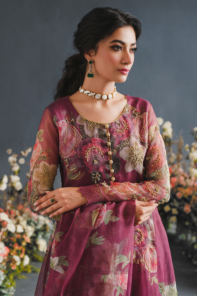 Pakistani Maroon Floral Embroidered Organza Anarkali Dress (2-Piece) - Image 6
