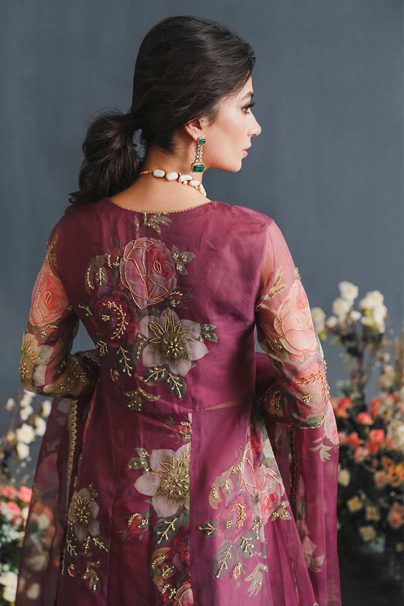 Pakistani Maroon Floral Embroidered Organza Anarkali Dress (2-Piece) - Image 7