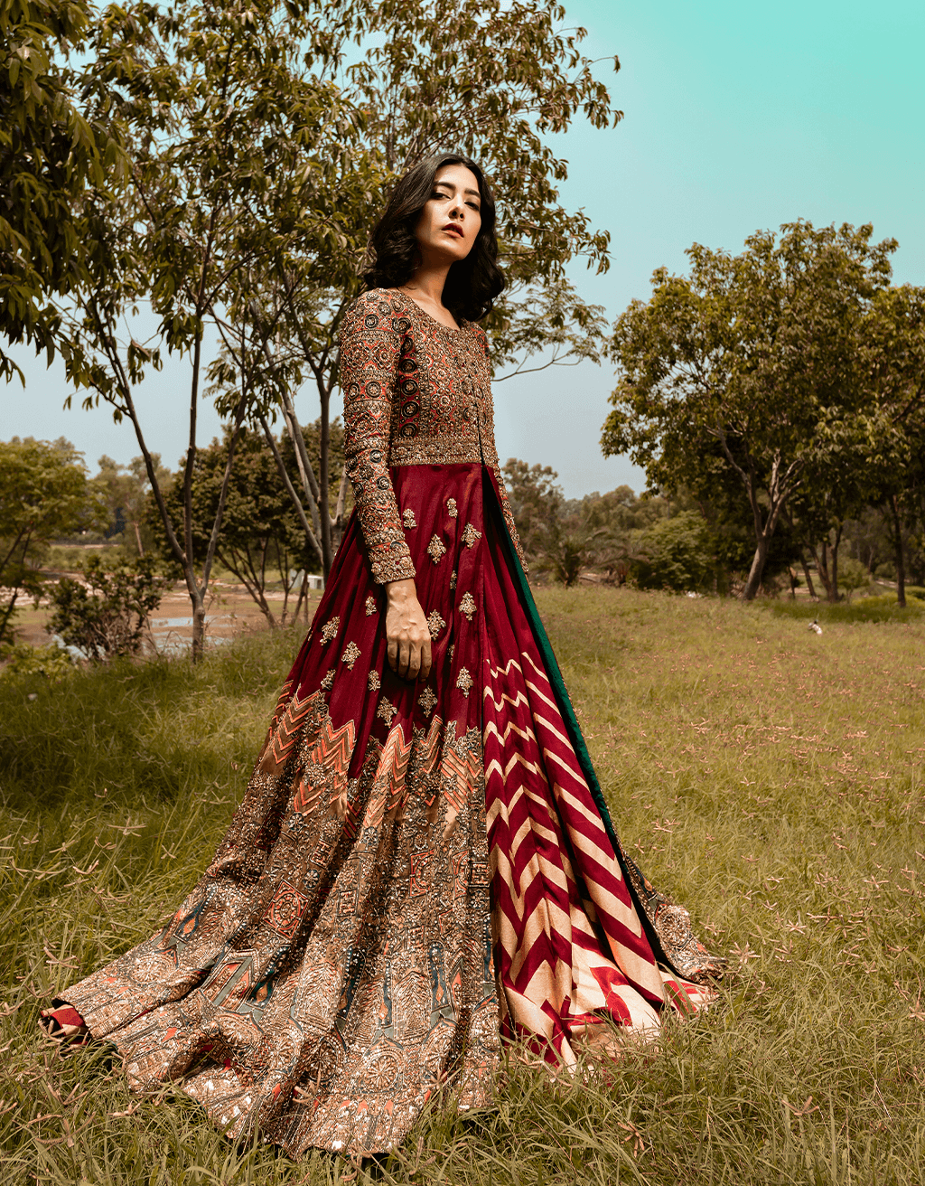 Pakistani Maroon Embroidered Silk Blend Anarkali Gown (1-Pc) - Image 1