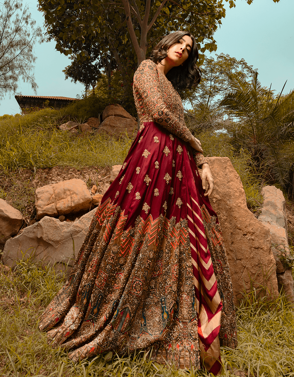 Pakistani Maroon Embroidered Silk Blend Anarkali Gown (1-Pc) - Image 2