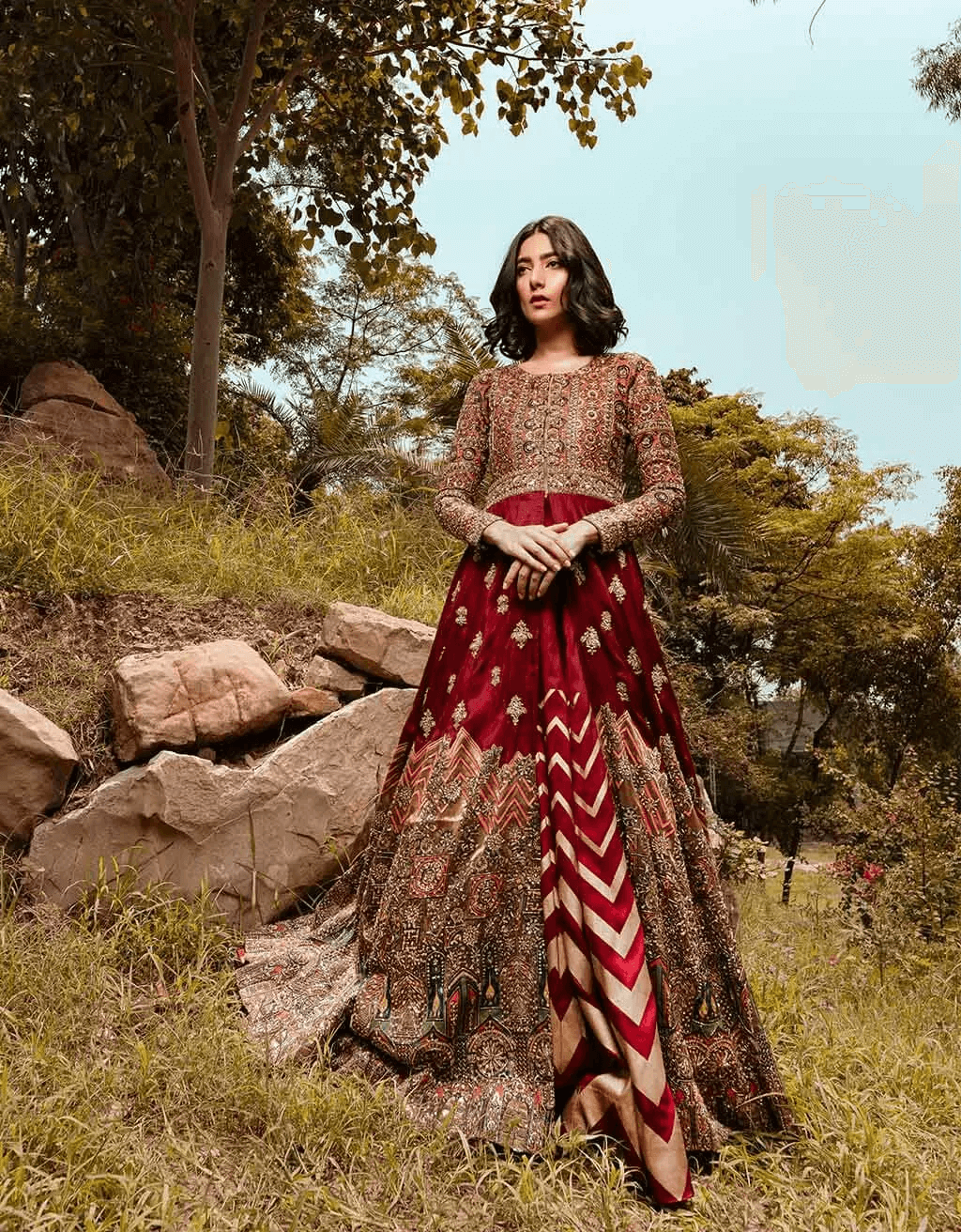Pakistani Maroon Embroidered Silk Blend Anarkali Gown (1-Pc) - Image 3