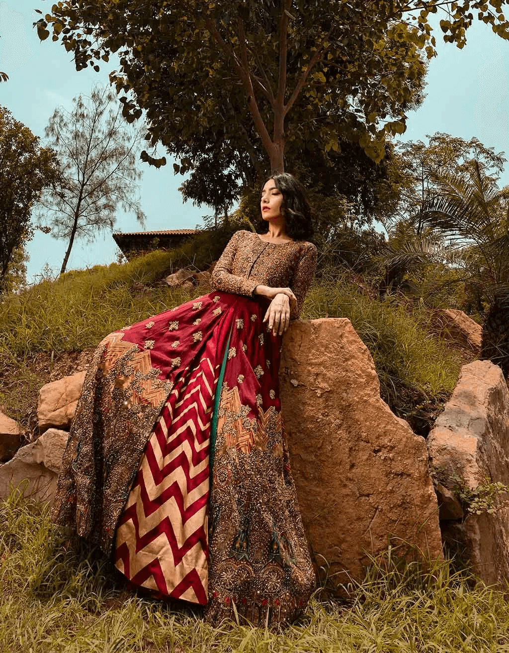 Pakistani Maroon Embroidered Silk Blend Anarkali Gown (1-Pc) - Image 4