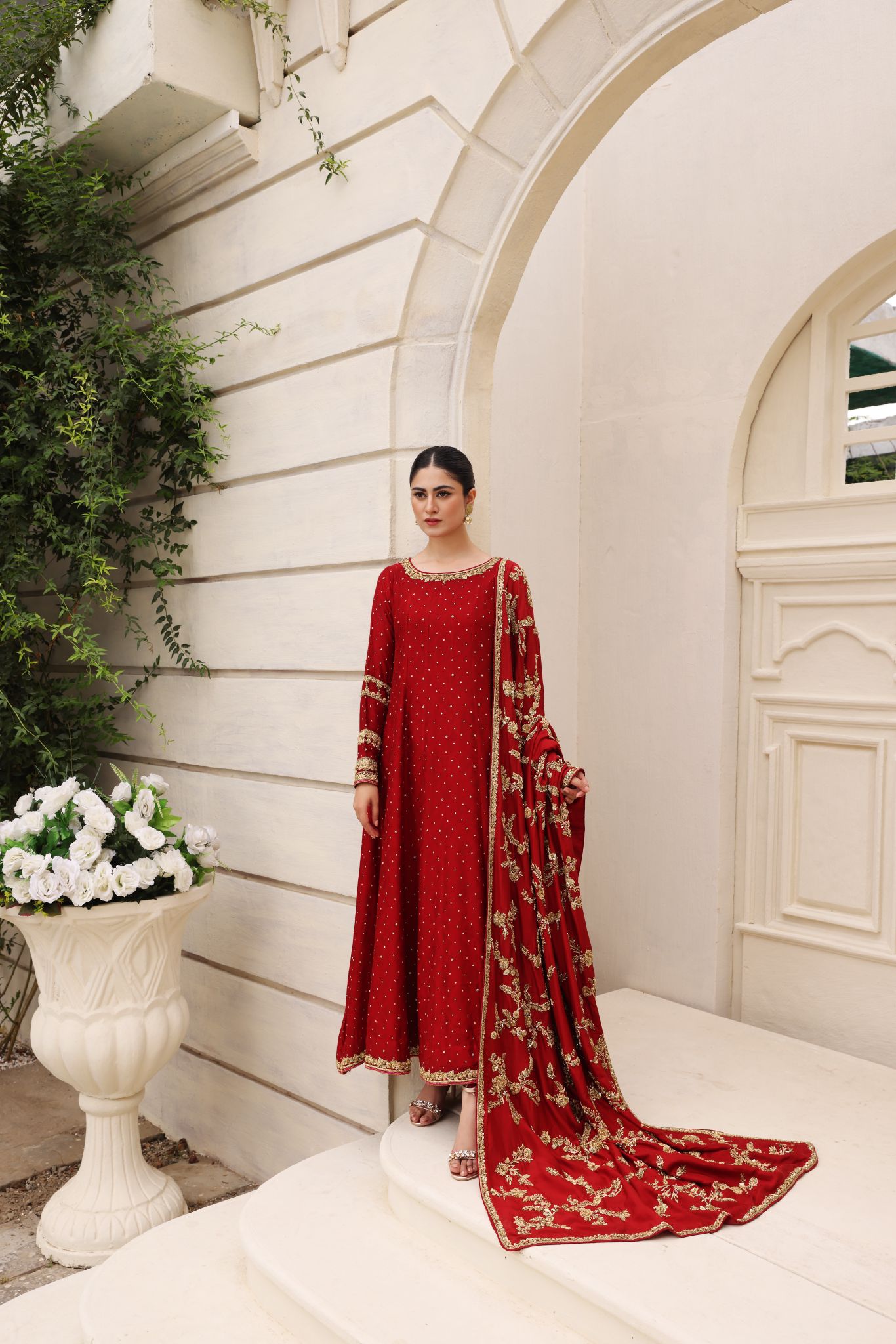 Pakistani Royal Maroon Zardozi Embossed Net Anarkali (3-Piece) - Image 1