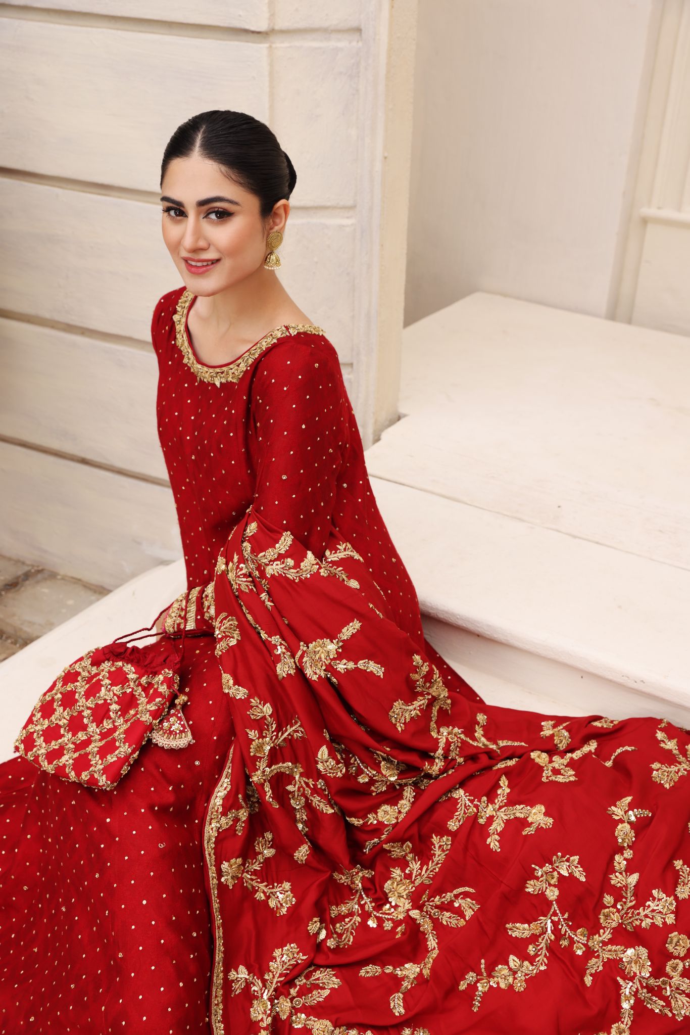 Pakistani Royal Maroon Zardozi Embossed Net Anarkali (3-Piece) - Image 3