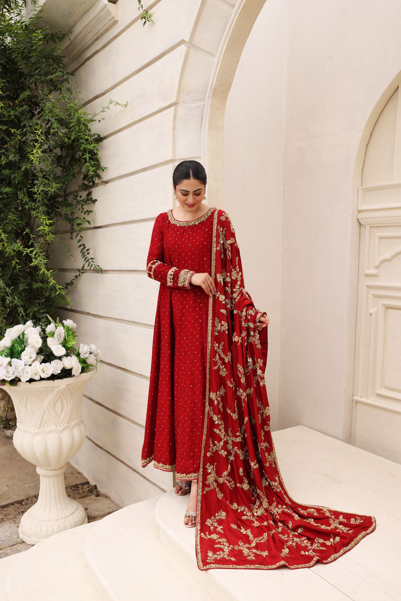 Pakistani Royal Maroon Zardozi Embossed Net Anarkali (3-Piece) - Image 7