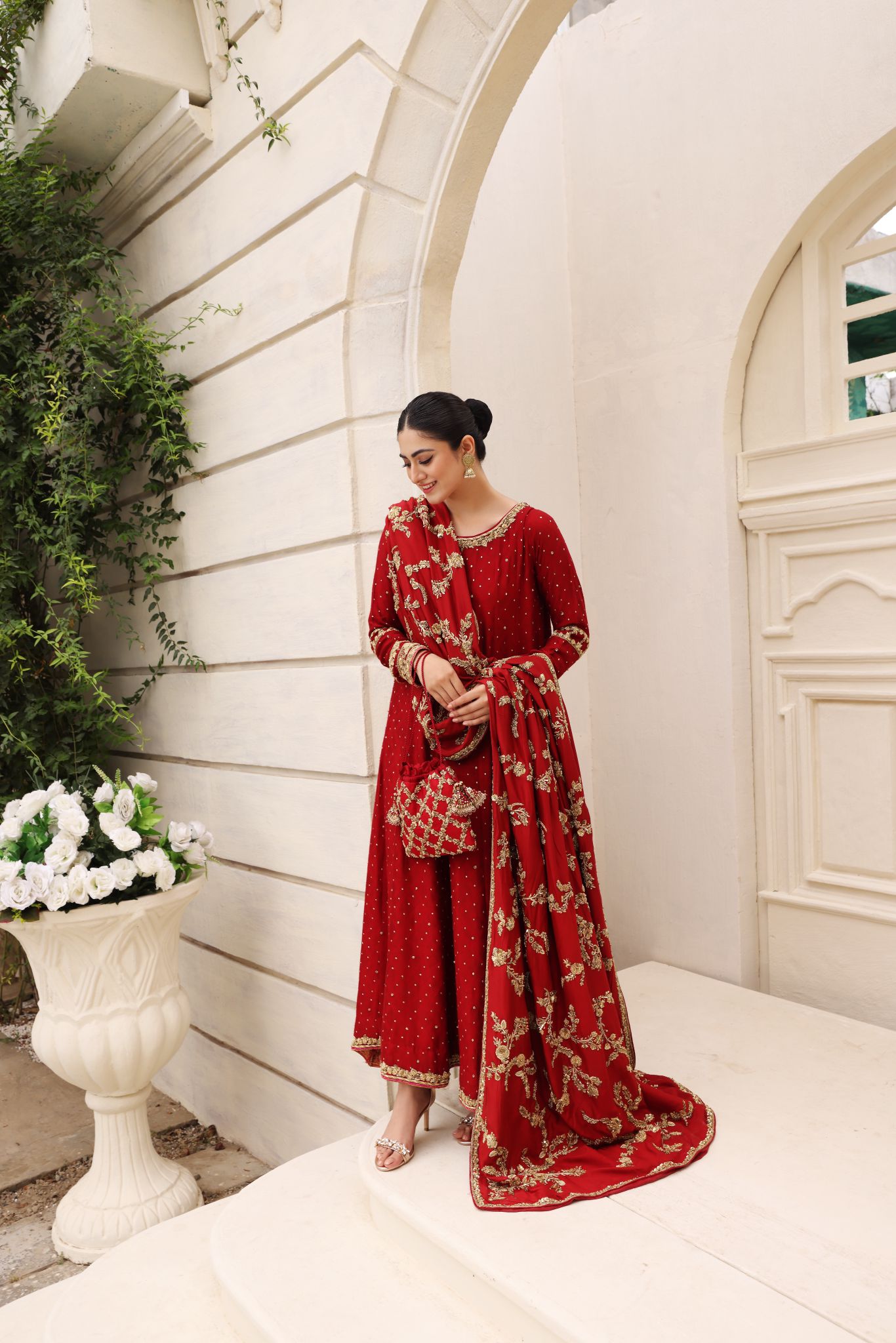 Pakistani Royal Maroon Zardozi Embossed Net Anarkali (3-Piece) - Image 8