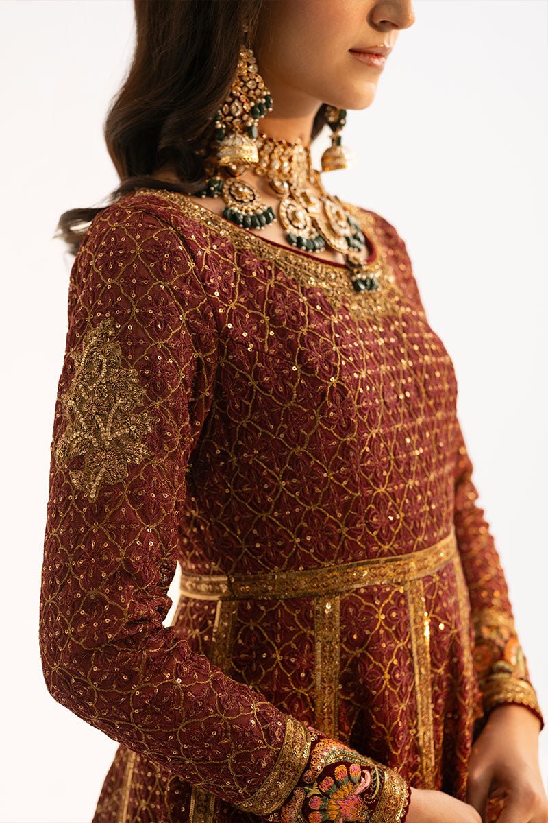 Maroon Embroidered Net Anarkali Dress (3-Piece) - Image 7