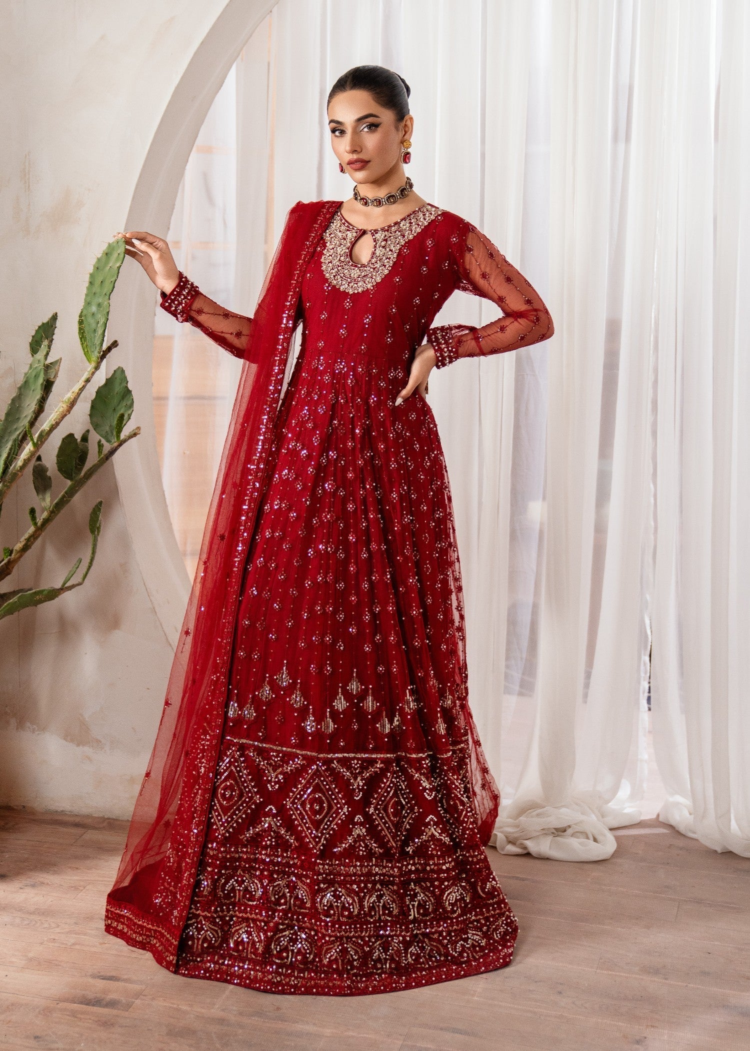 Maroon Embroidered Net Anarkali Dress (2-Piece) - Image 1