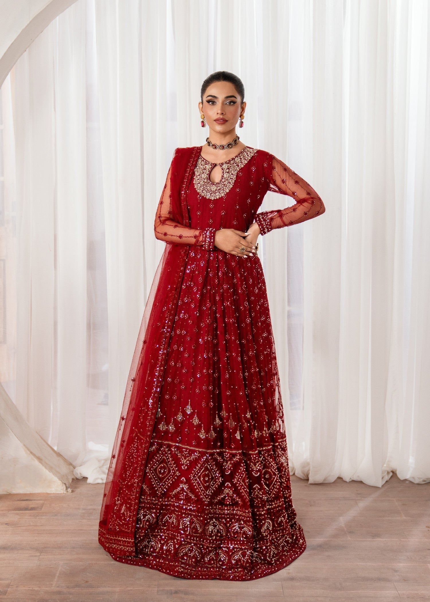 Maroon Embroidered Net Anarkali Dress (2-Piece) - Image 2
