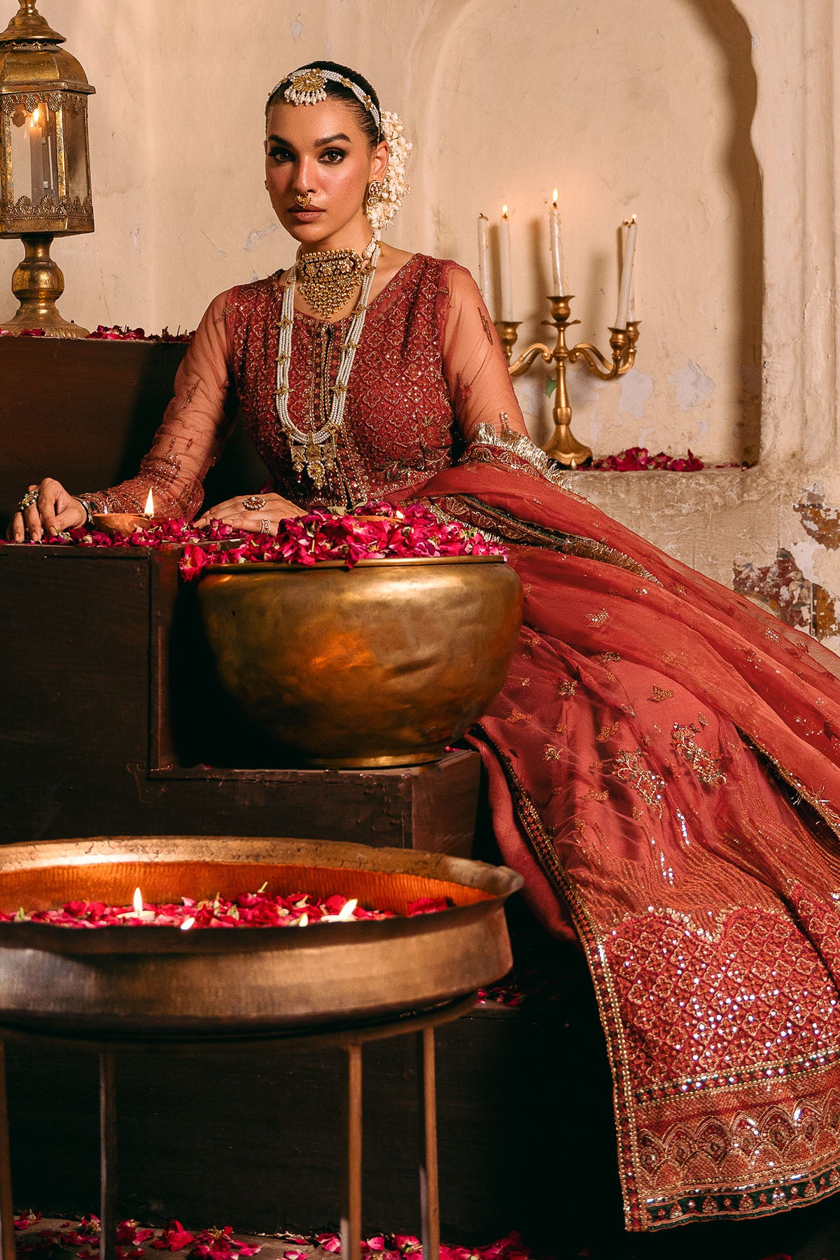 Rust Embroidered Net Anarkali Dress (3-Piece) - Image 2