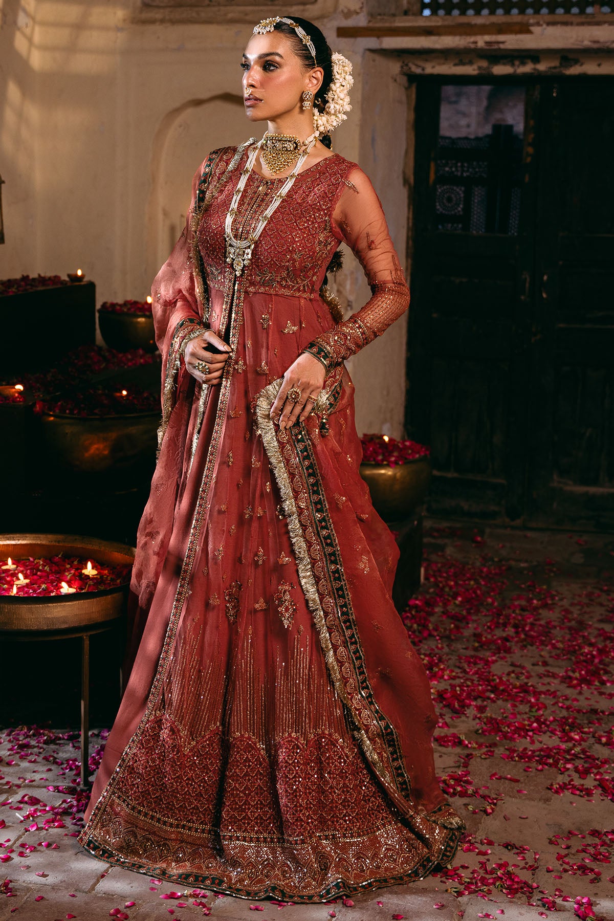 Rust Embroidered Net Anarkali Dress (3-Piece) - Image 4