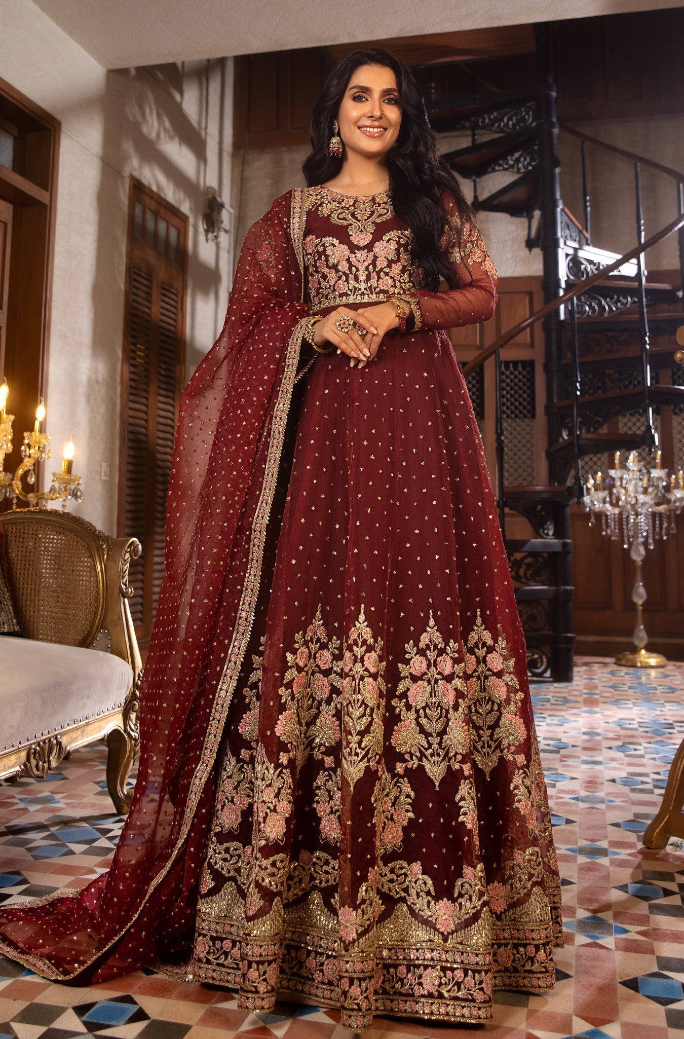 Deep Maroon Embroidered Pure Organza Anarkali (2-Piece) - Image 1