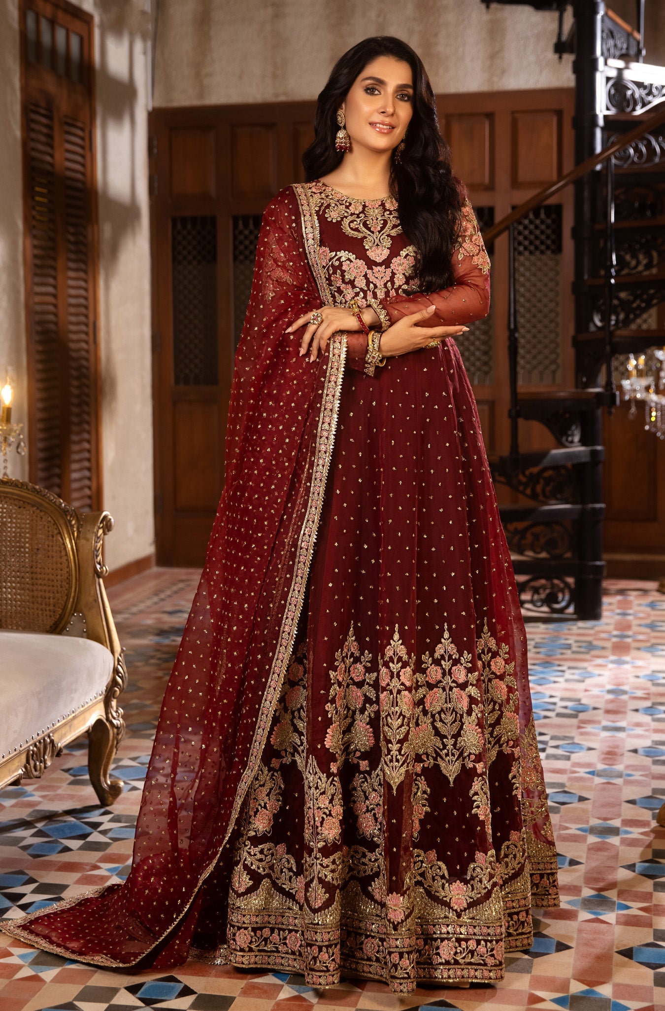 Deep Maroon Embroidered Pure Organza Anarkali (2-Piece) - Image 3