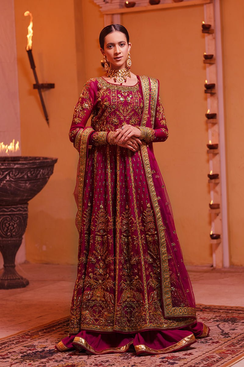 Pakistani Wine Embroidered Pure Organza Anarkali Dress (3-Piece) - Image 2