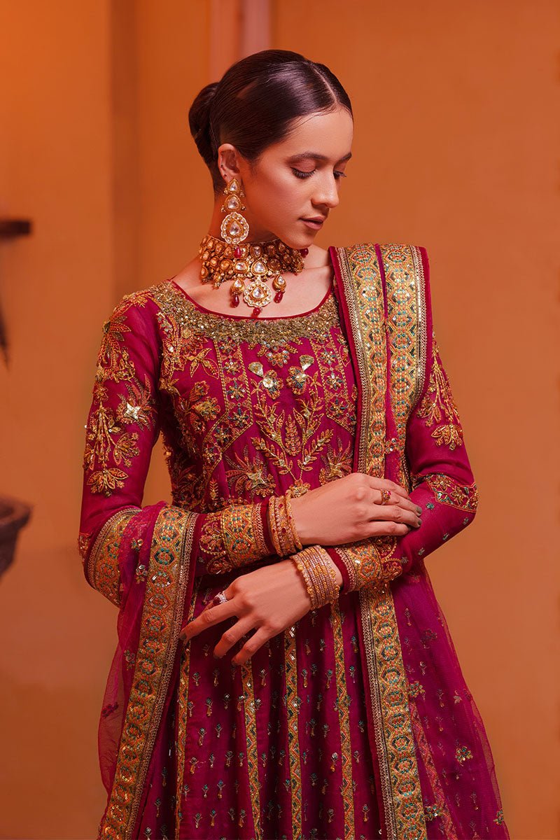 Pakistani Wine Embroidered Pure Organza Anarkali Dress (3-Piece) - Image 3