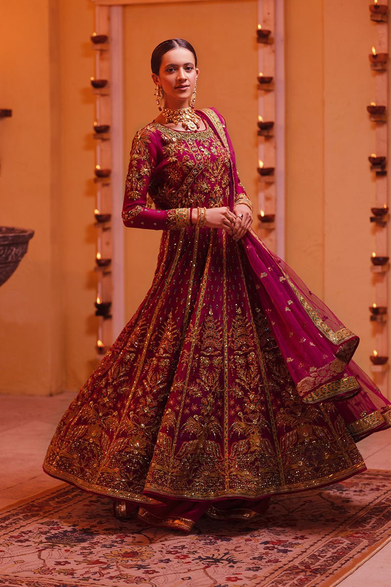 Pakistani Wine Embroidered Pure Organza Anarkali Dress (3-Piece) - Image 4