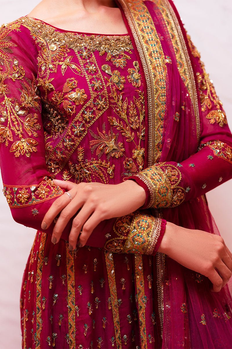 Pakistani Wine Embroidered Pure Organza Anarkali Dress (3-Piece) - Image 9