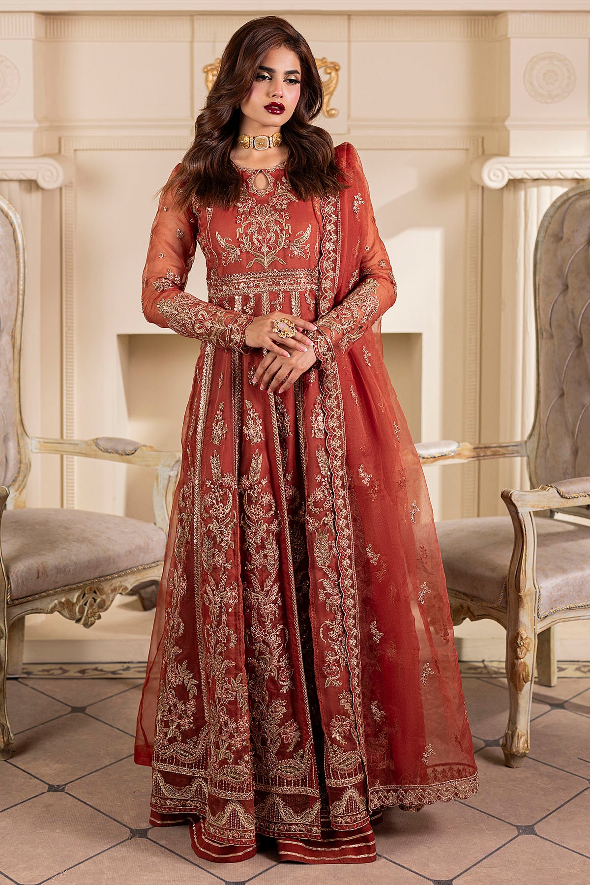 Pakistani Brandy Embroidered Organza Anarkali Dress (3-Piece) - Image 1