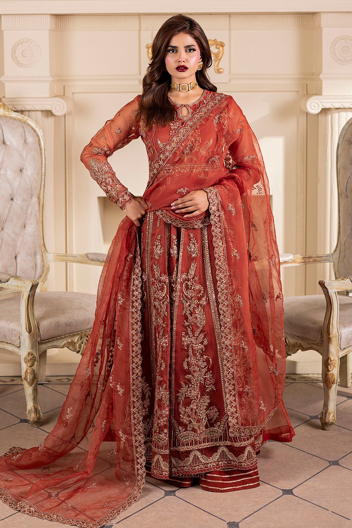 Pakistani Brandy Embroidered Organza Anarkali Dress (3-Piece) - Image 2