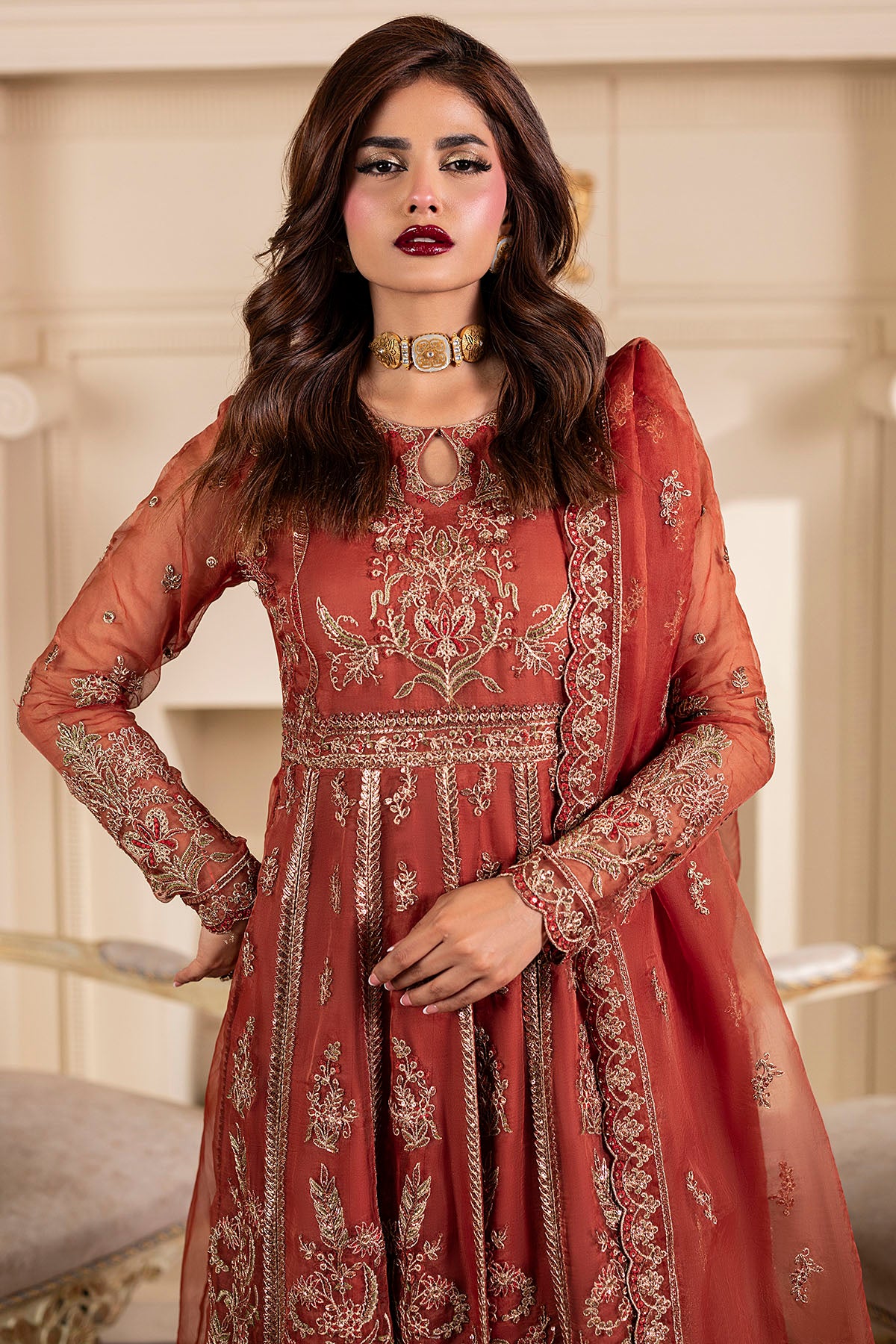 Pakistani Brandy Embroidered Organza Anarkali Dress (3-Piece) - Image 3