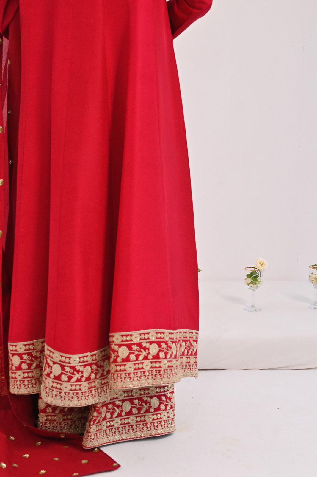 Pakistani Maroon Zari Sequin Raw Silk Anarkali (3-Piece) - Image 2