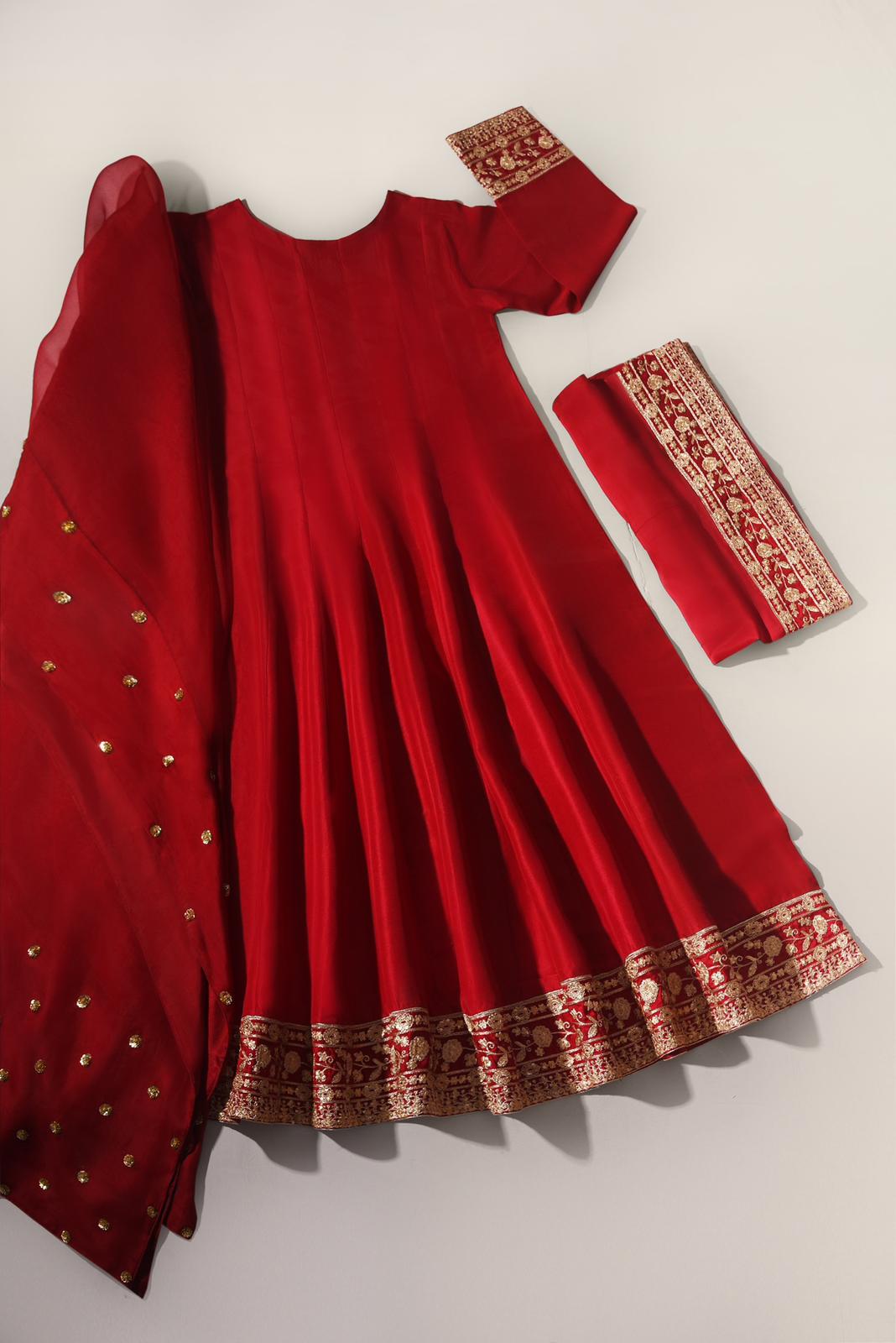 Pakistani Maroon Zari Sequin Raw Silk Anarkali (3-Piece) - Image 3