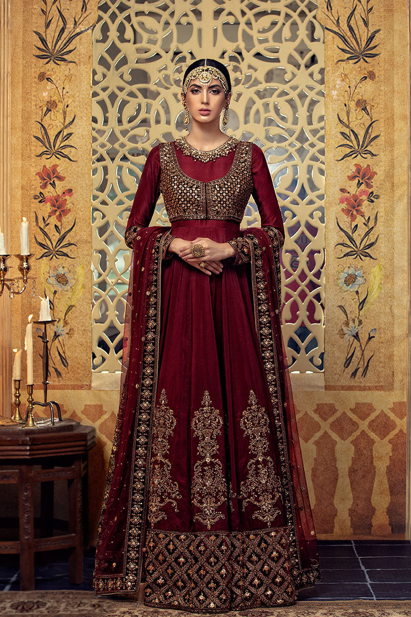 Pakistani Maroon Embellished Raw Silk Anarkali Dress (3-Piece) - Image 1