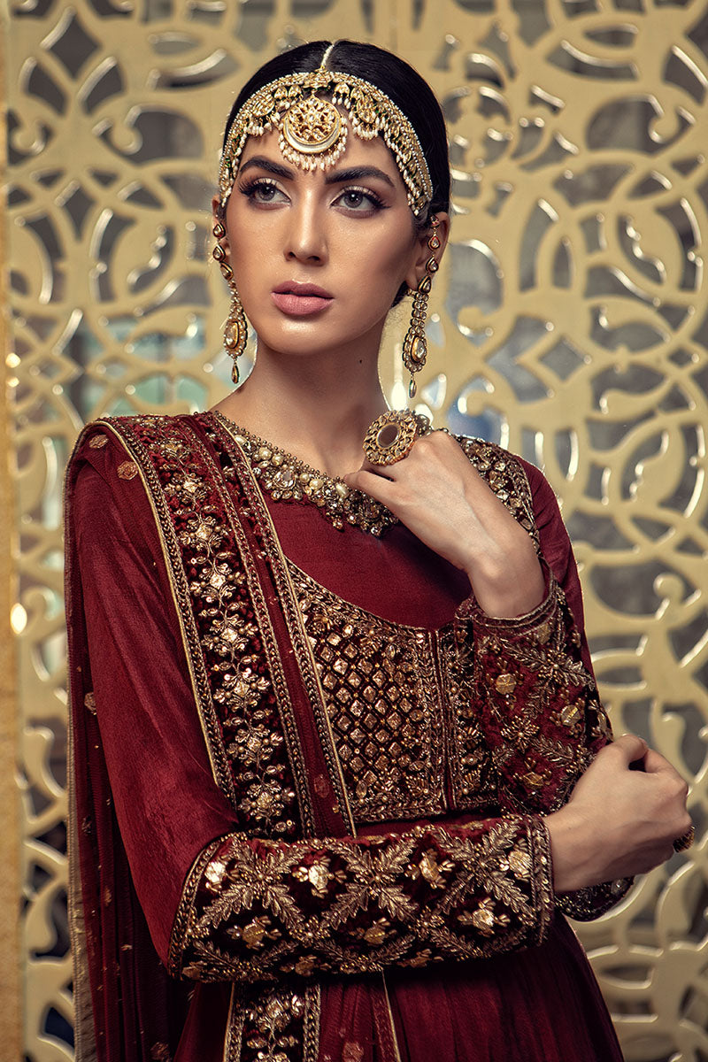 Pakistani Maroon Embellished Raw Silk Anarkali Dress (3-Piece) - Image 2