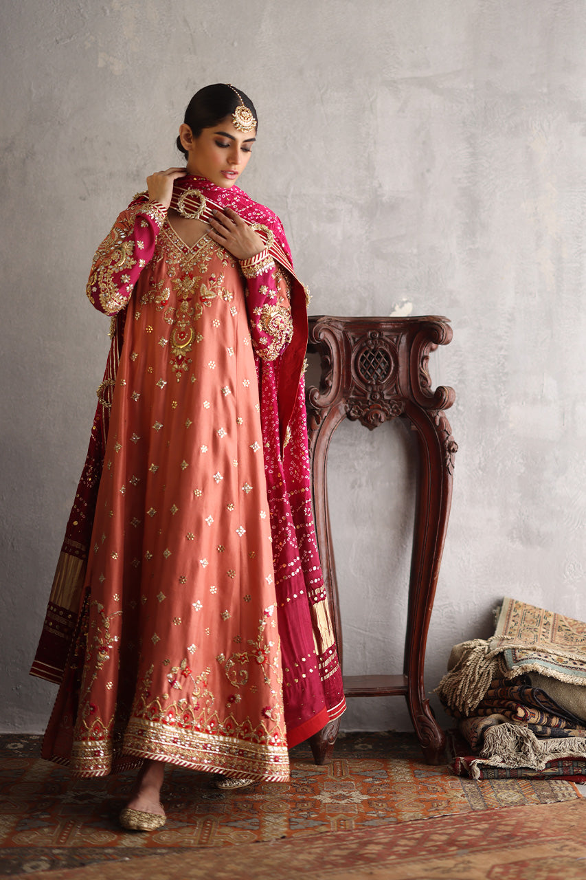Rust Embroidered Raw Silk Anarkali Dress (3-Piece) - Image 2