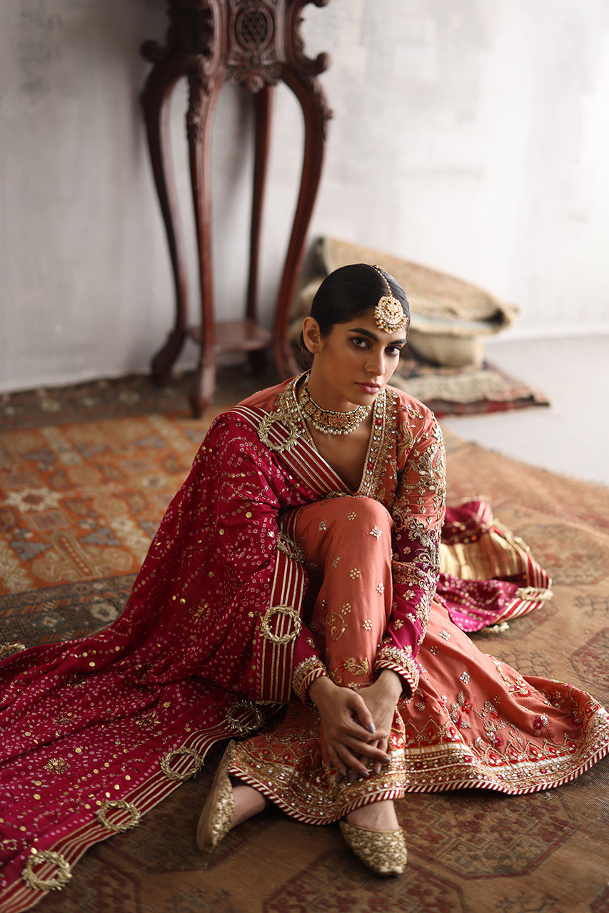 Rust Embroidered Raw Silk Anarkali Dress (3-Piece) - Image 4