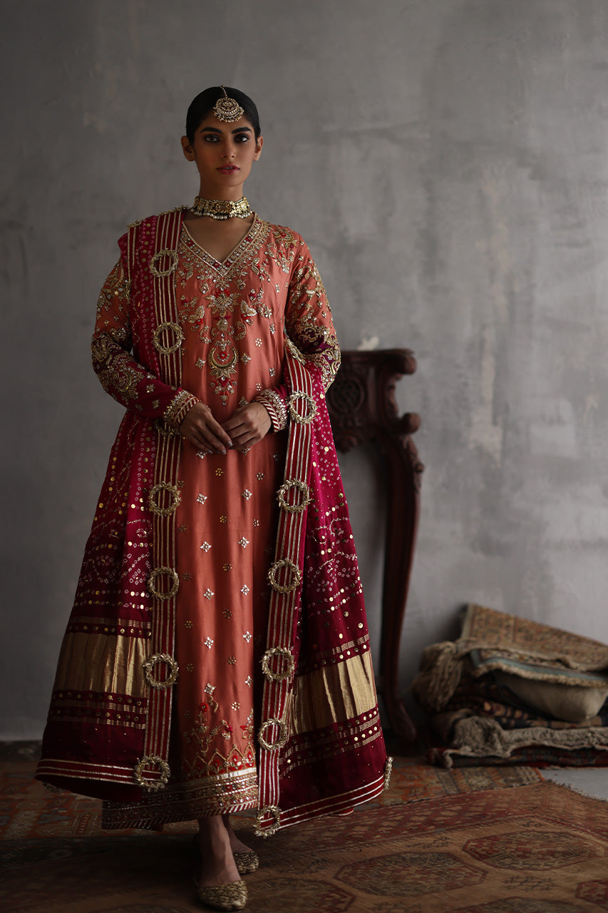 Rust Embroidered Raw Silk Anarkali Dress (3-Piece) - Image 8