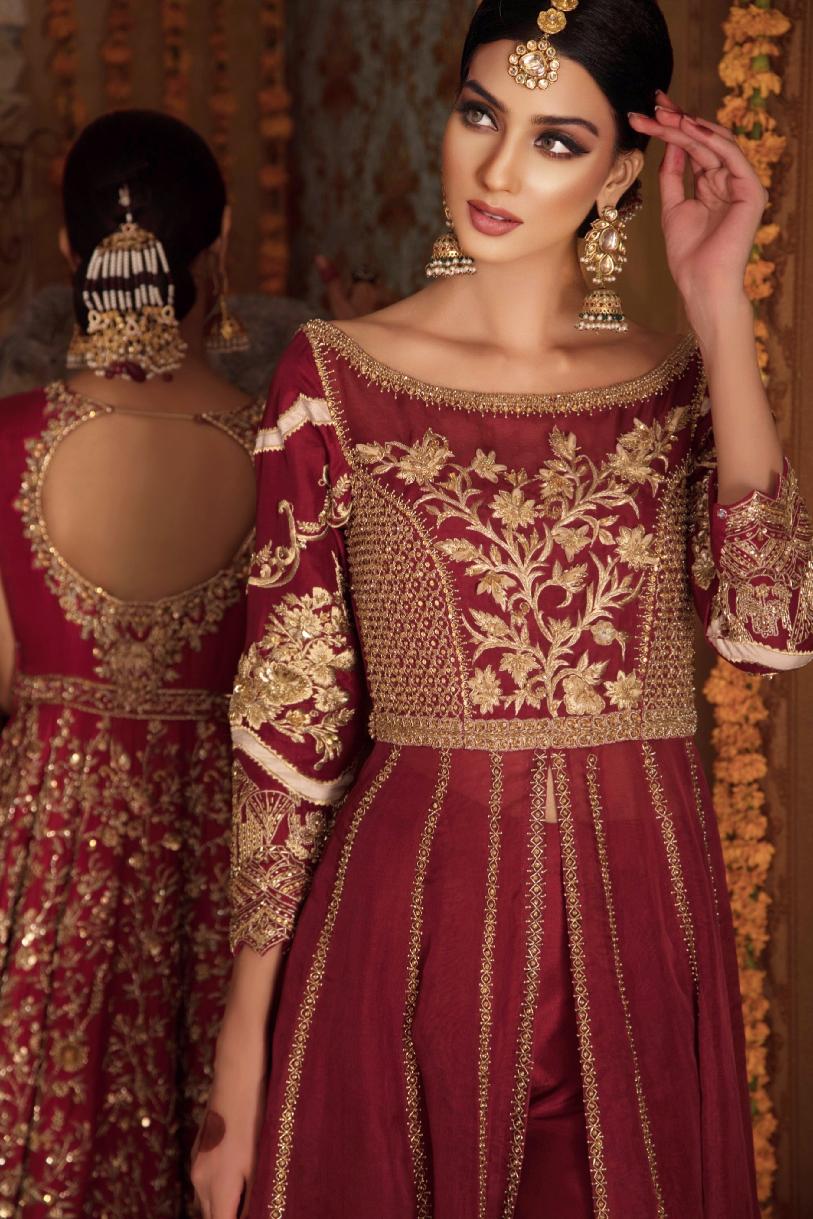 Deep Maroon Zardozi Silk Anarkali Gown (1-Pc) - Image 1