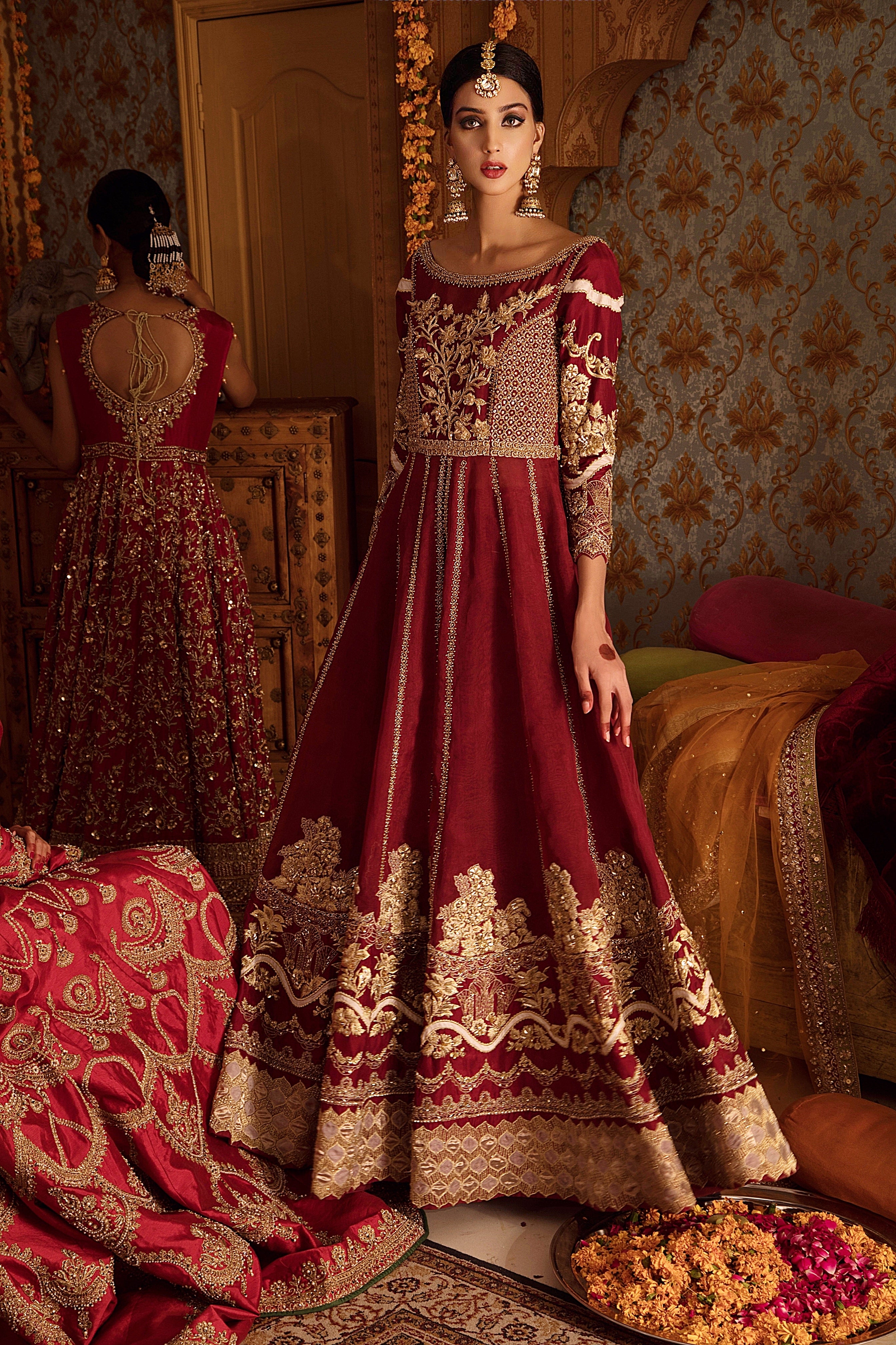 Deep Maroon Zardozi Silk Anarkali Gown (1-Pc) - Image 2