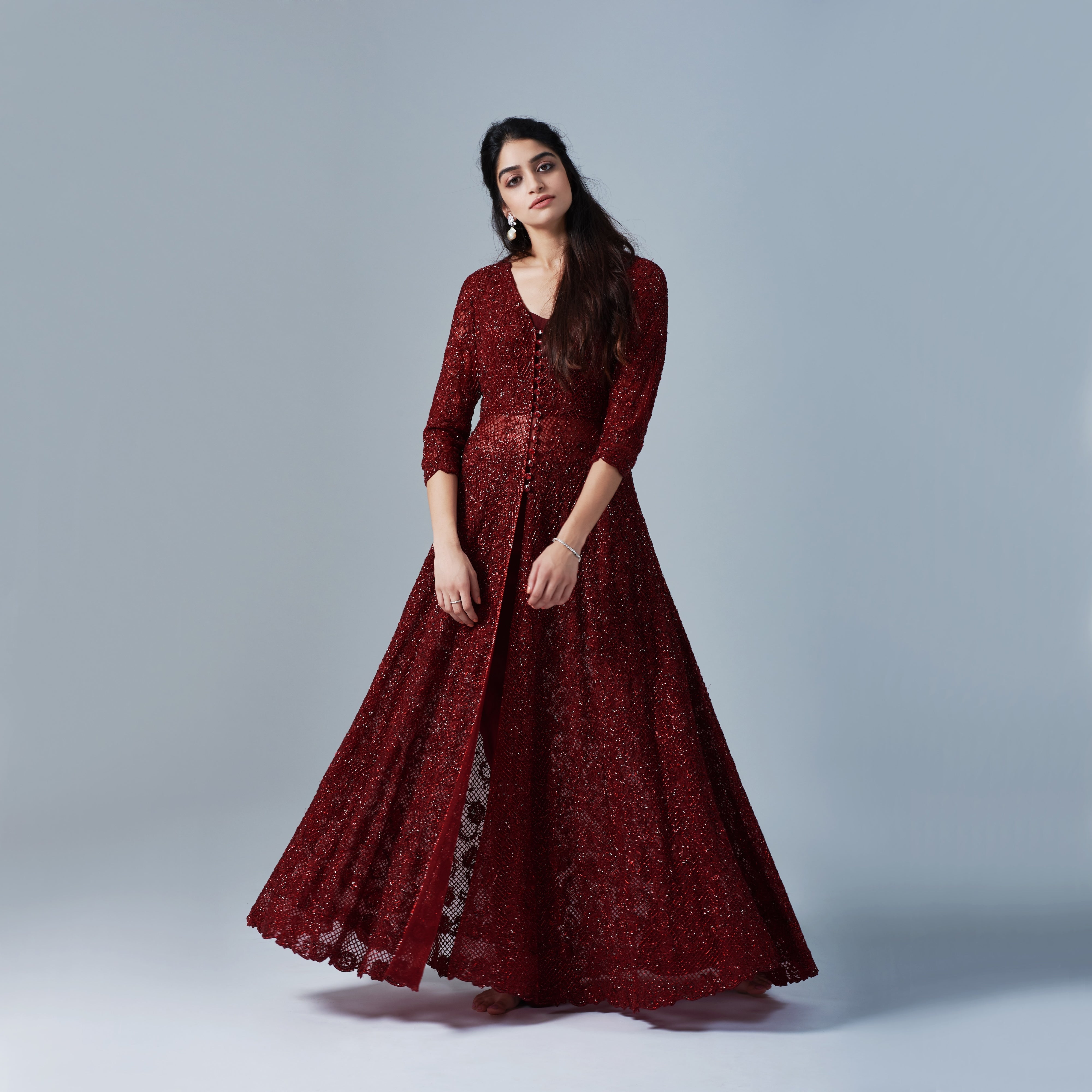 Indian Oxblood Crystal Beaded Tulle Anarkali Jacket (1-Pc) - Image 1