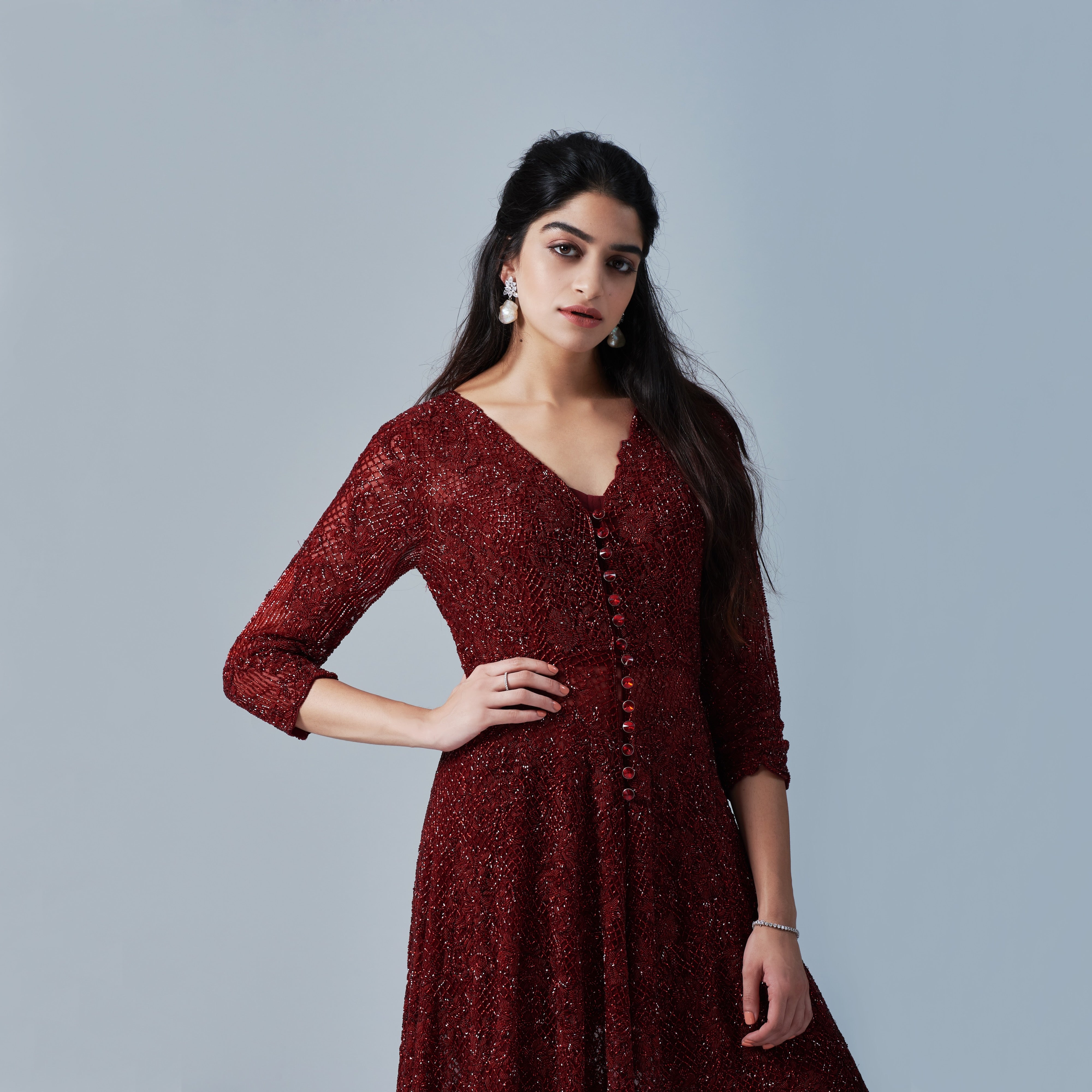 Indian Oxblood Crystal Beaded Tulle Anarkali Jacket (1-Pc) - Image 2