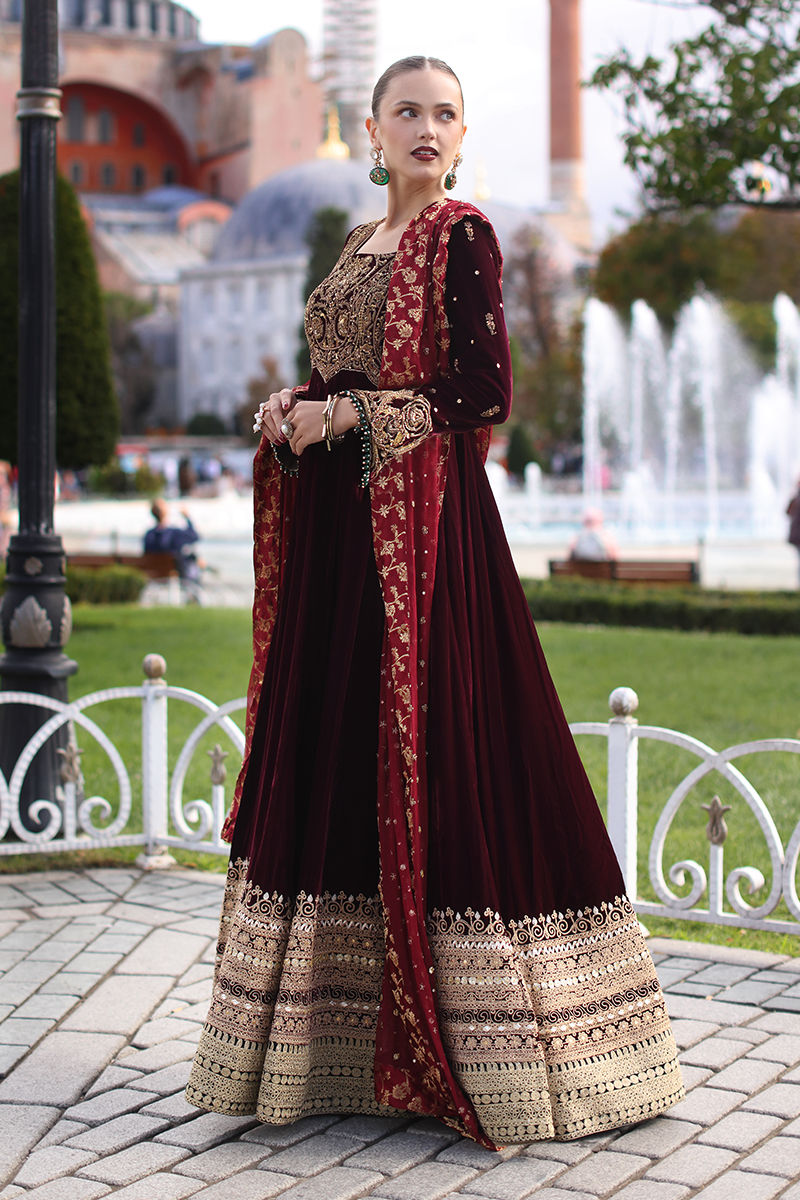 Maroon Embellished Velvet Anarkali Gown (2-Piece) - Image 1