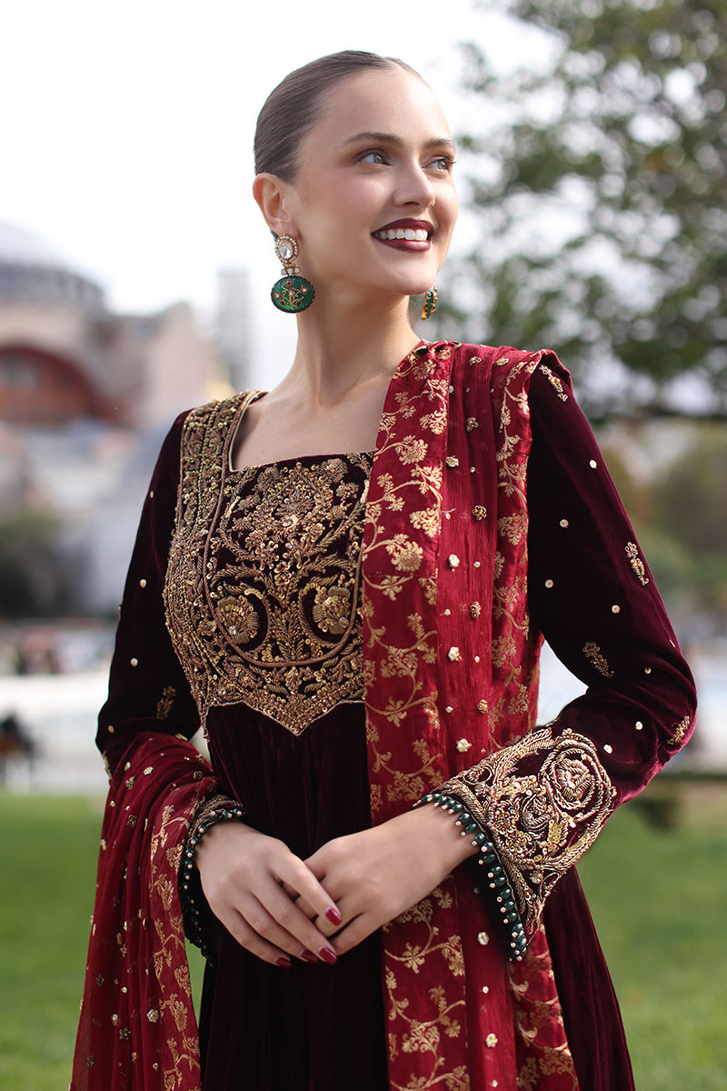 Maroon Embellished Velvet Anarkali Gown (2-Piece) - Image 2