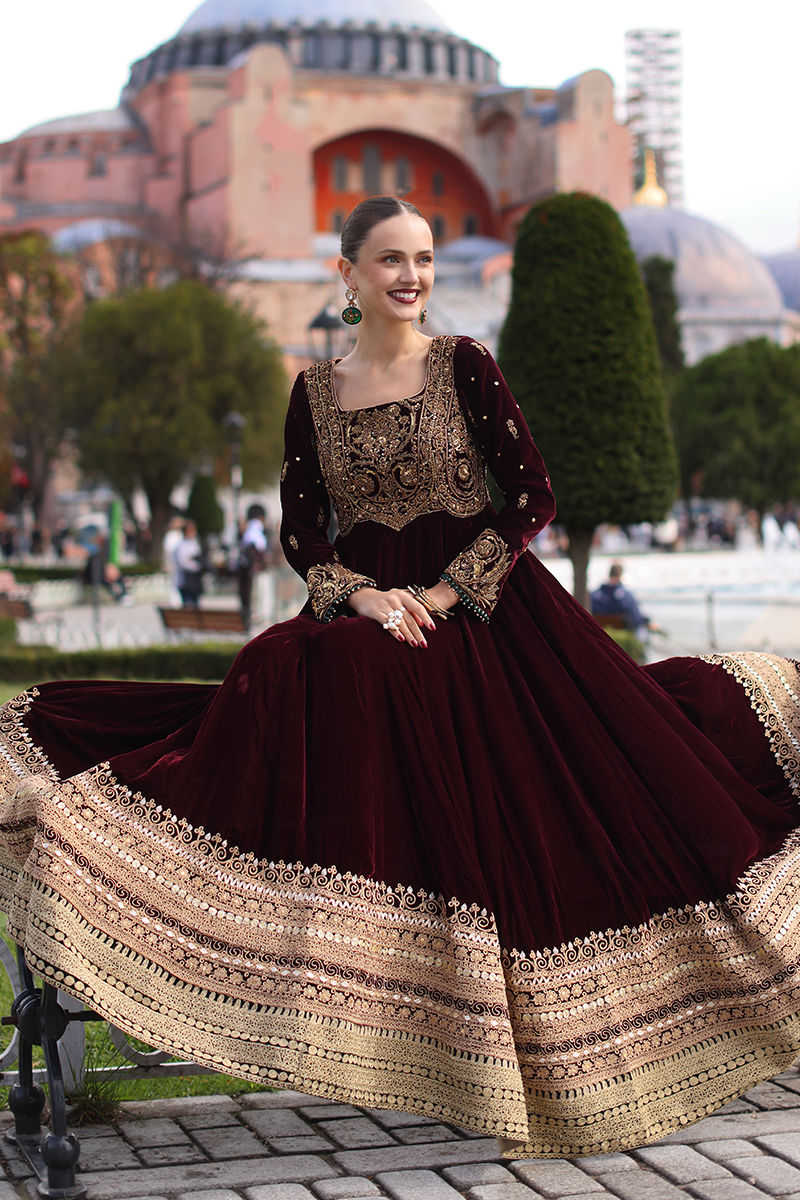 Maroon Embellished Velvet Anarkali Gown (2-Piece) - Image 5