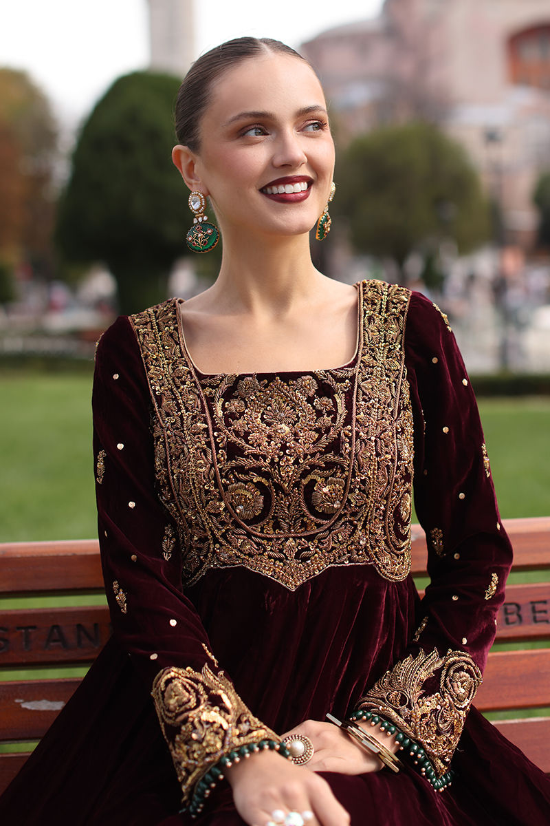 Maroon Embellished Velvet Anarkali Gown (2-Piece) - Image 6