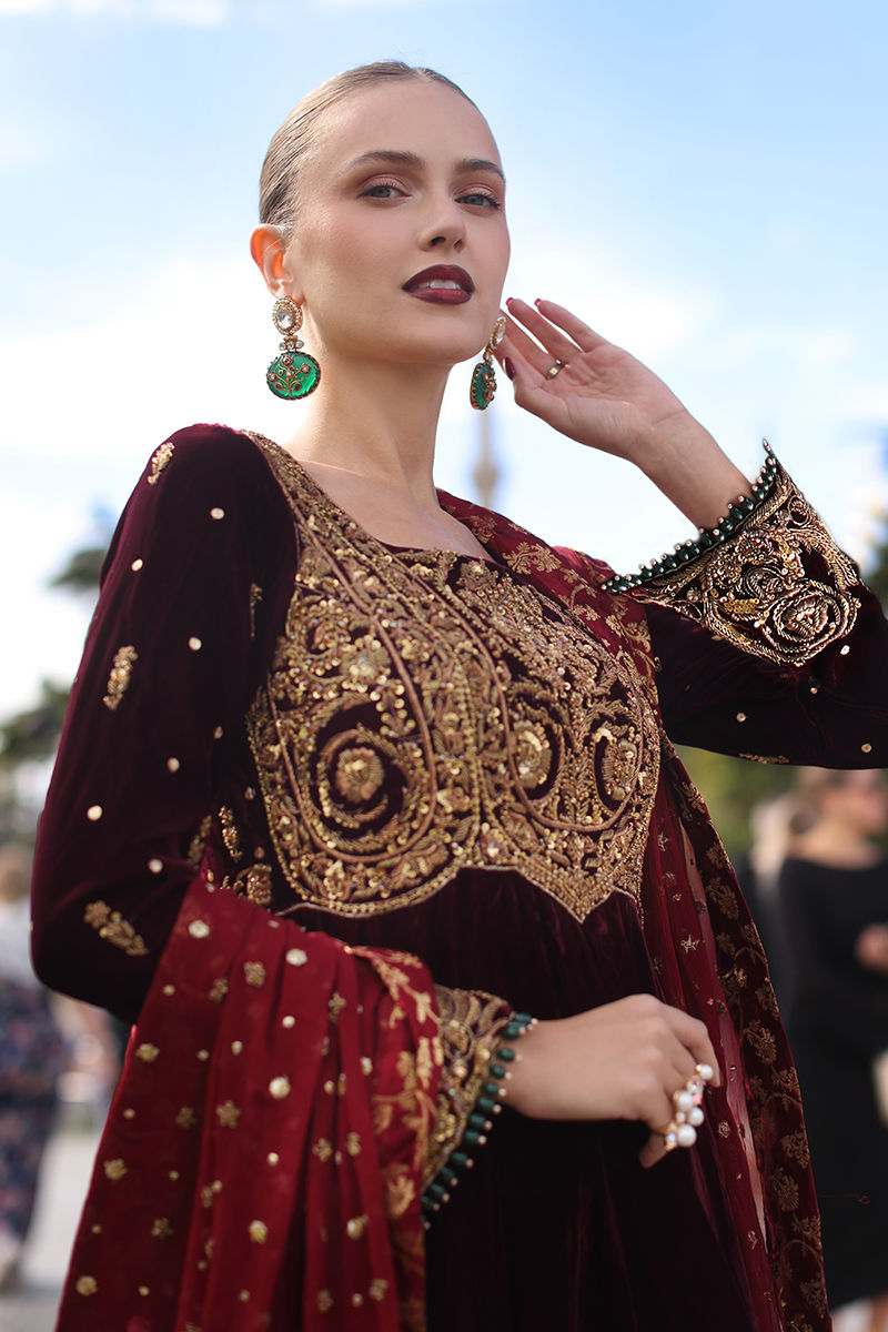 Maroon Embellished Velvet Anarkali Gown (2-Piece) - Image 7