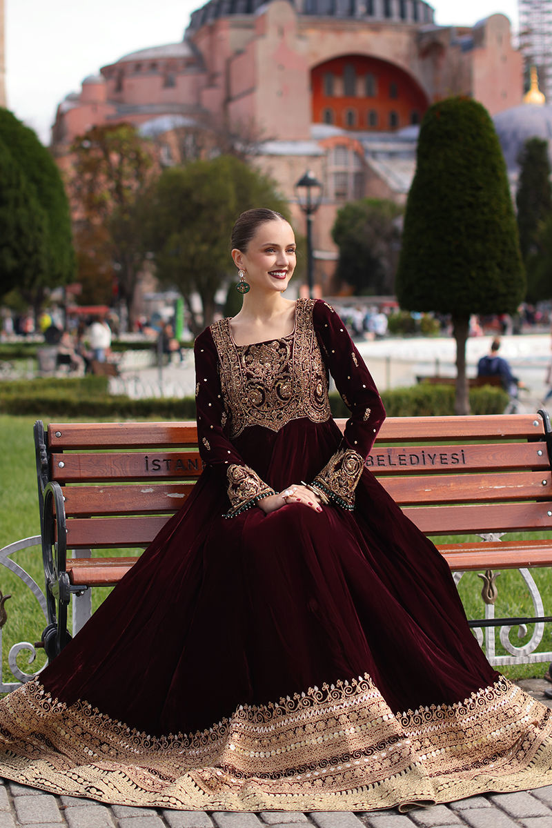 Maroon Embellished Velvet Anarkali Gown (2-Piece) - Image 8