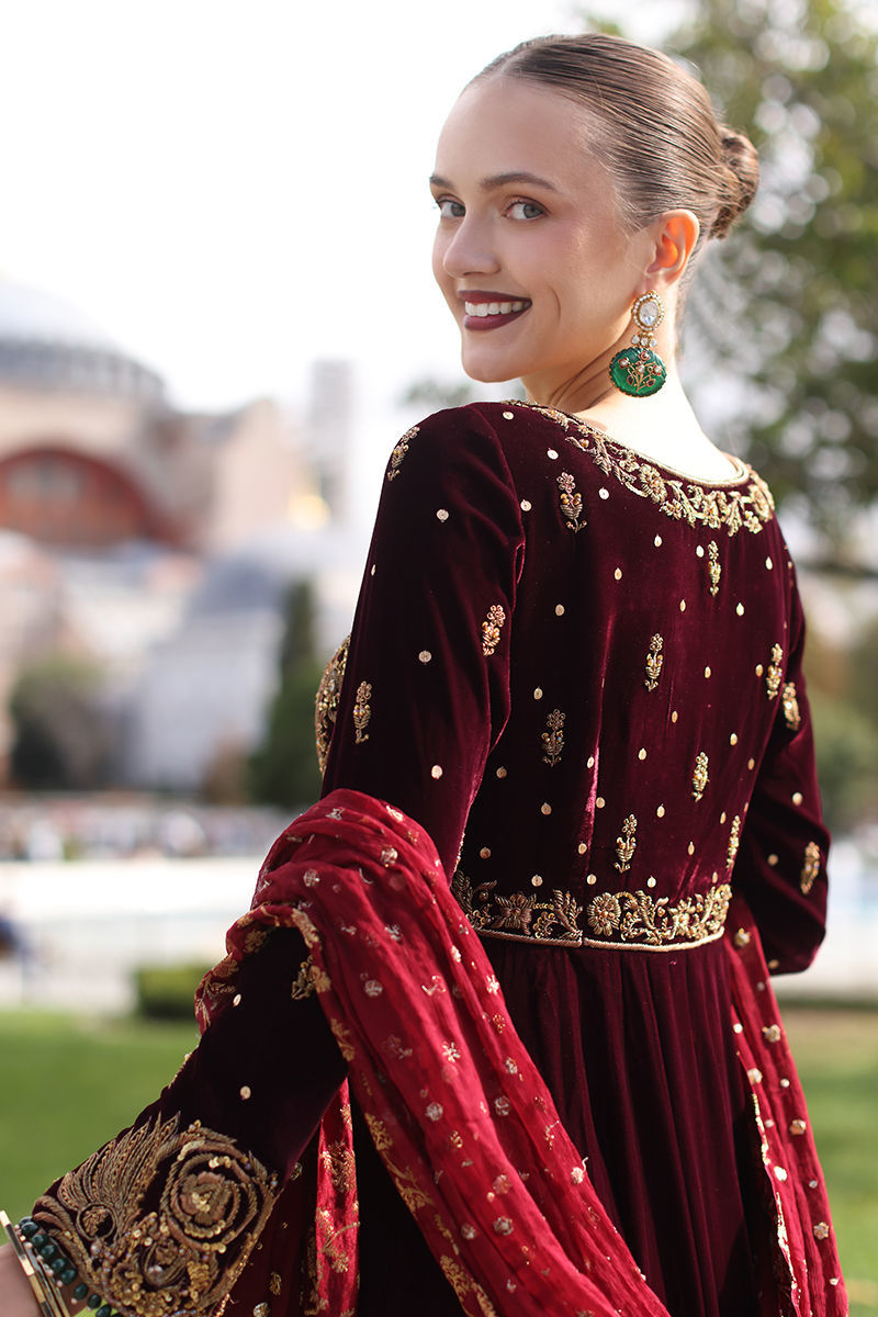 Maroon Embellished Velvet Anarkali Gown (2-Piece) - Image 9