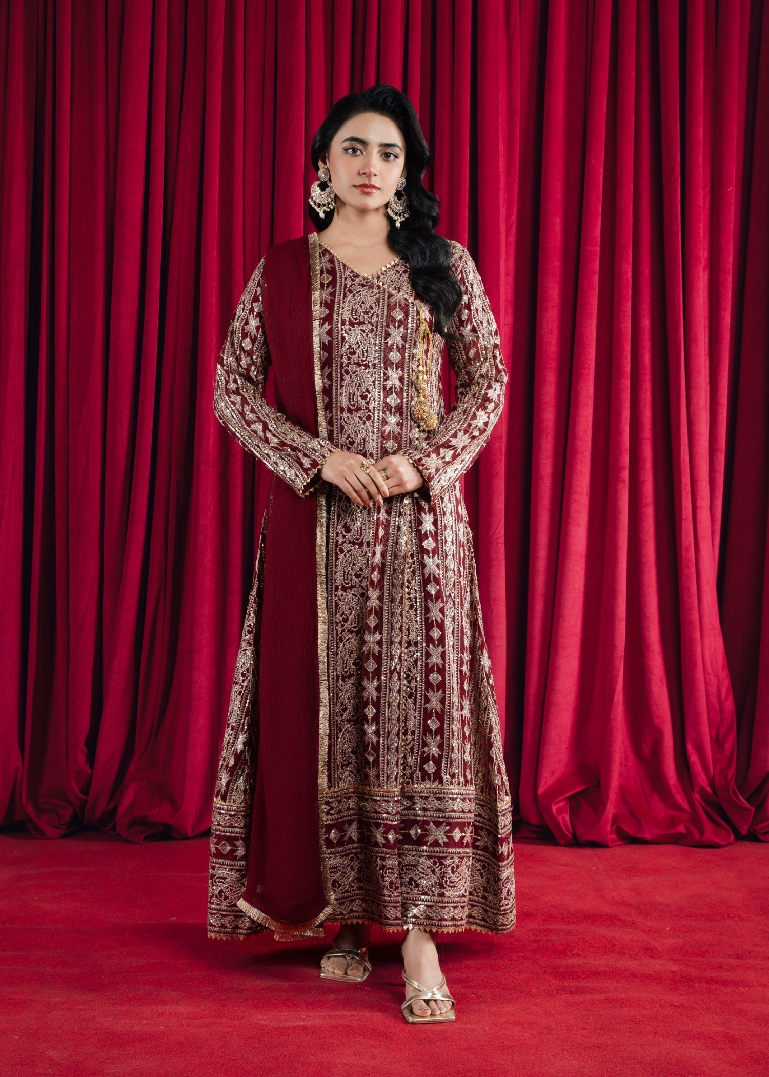 Pakistani Maroon Embroidered Chiffon Angrakha Set (3-Piece) - Image 1