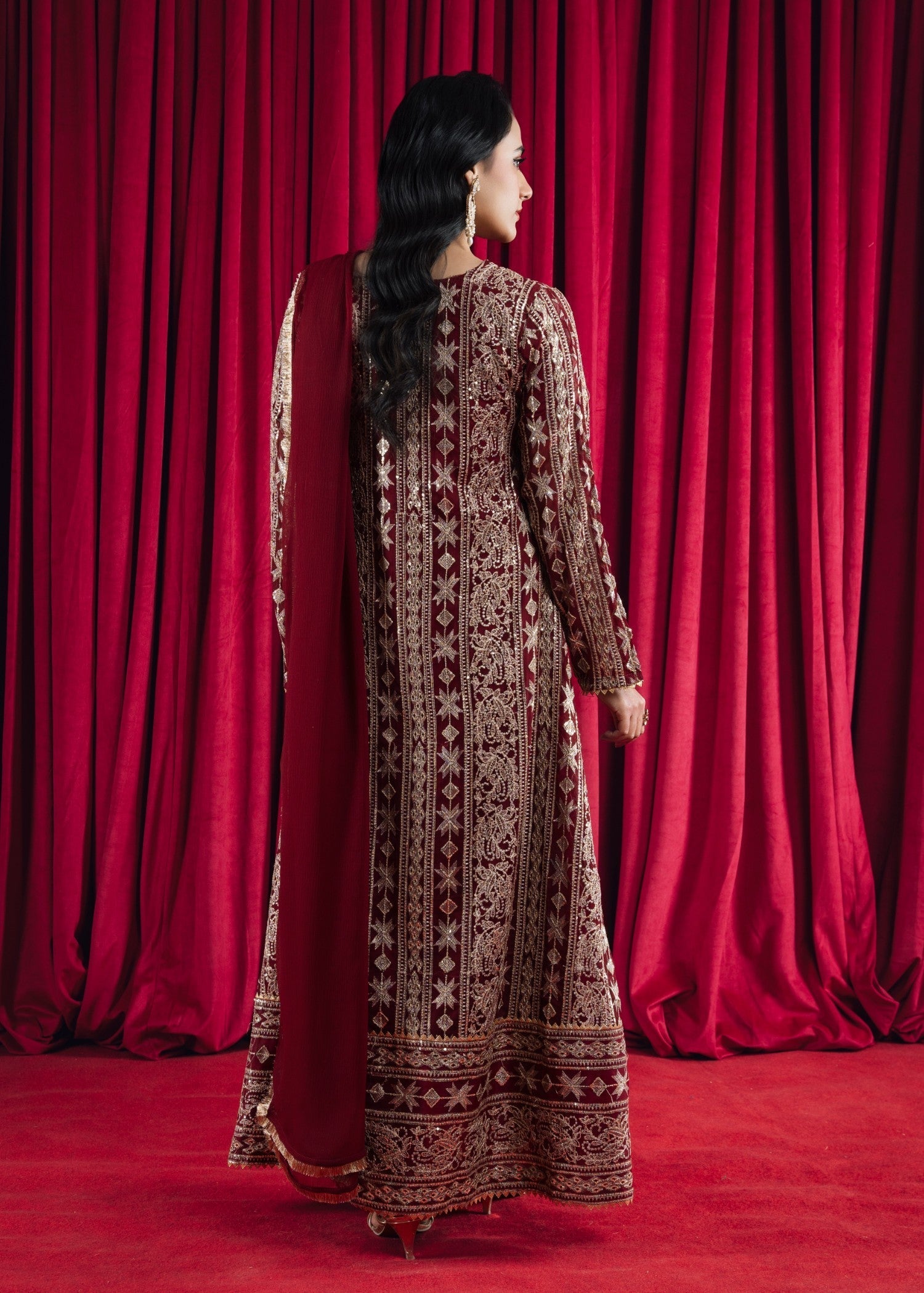 Pakistani Maroon Embroidered Chiffon Angrakha Set (3-Piece) - Image 3