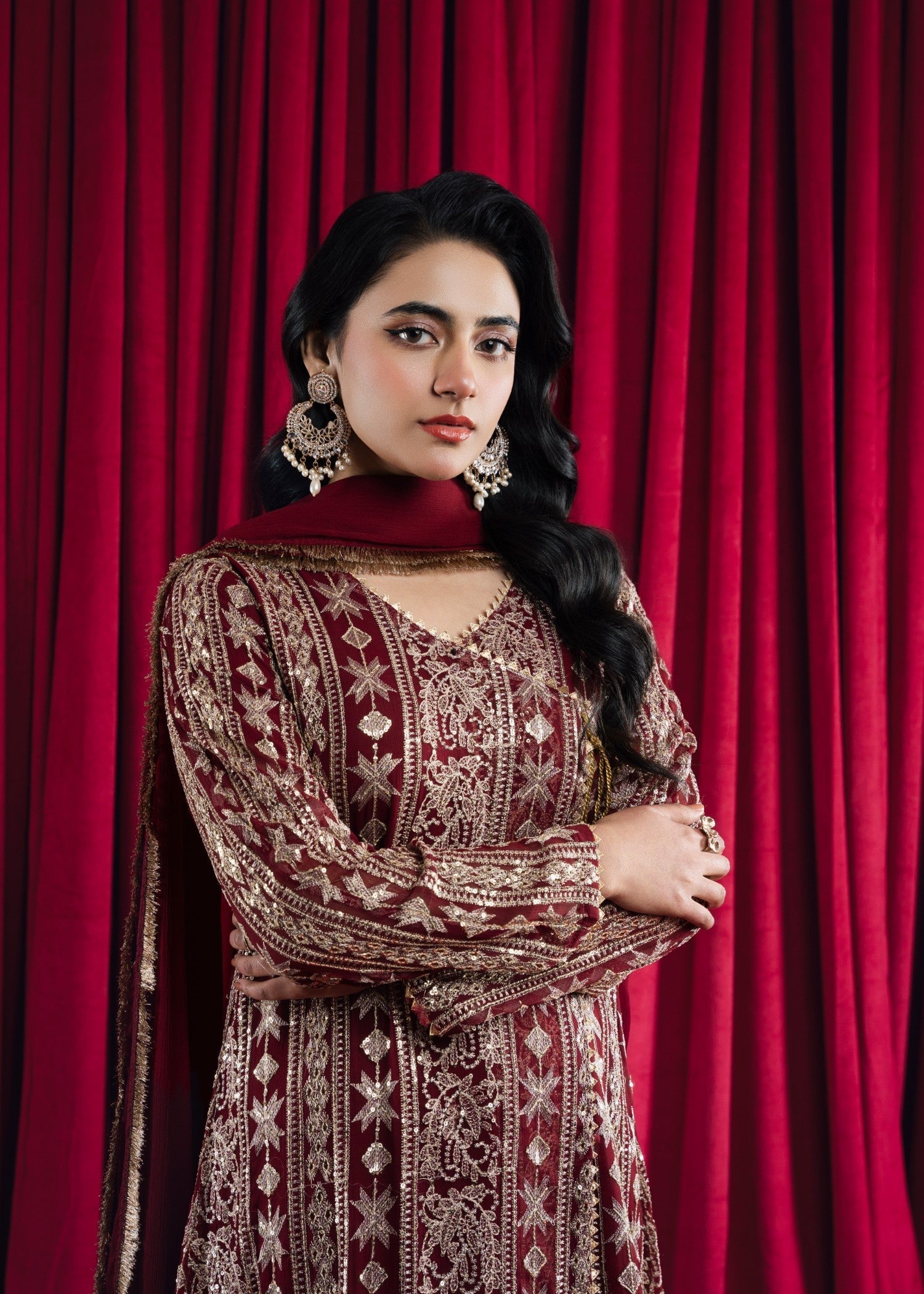 Pakistani Maroon Embroidered Chiffon Angrakha Set (3-Piece) - Image 4