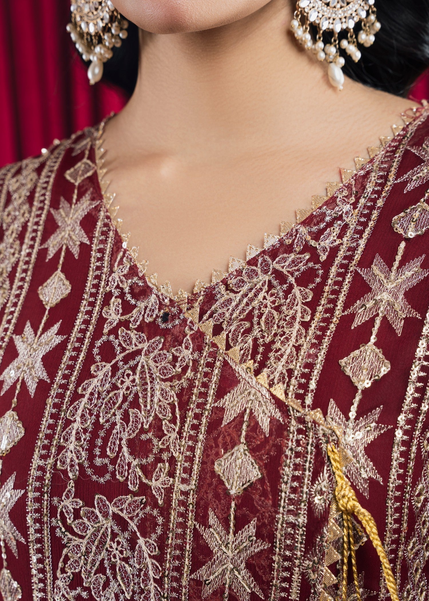 Pakistani Maroon Embroidered Chiffon Angrakha Set (3-Piece) - Image 6