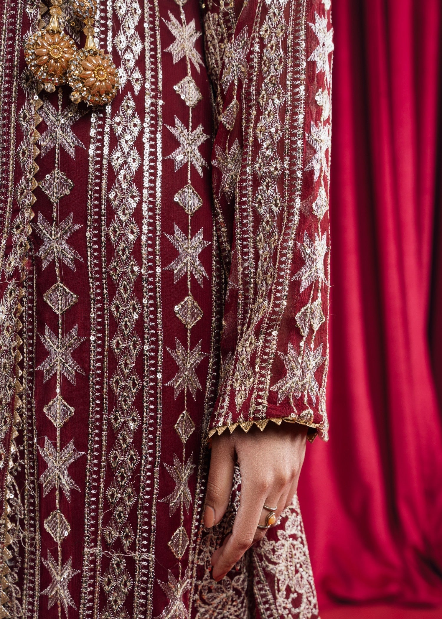 Pakistani Maroon Embroidered Chiffon Angrakha Set (3-Piece) - Image 7