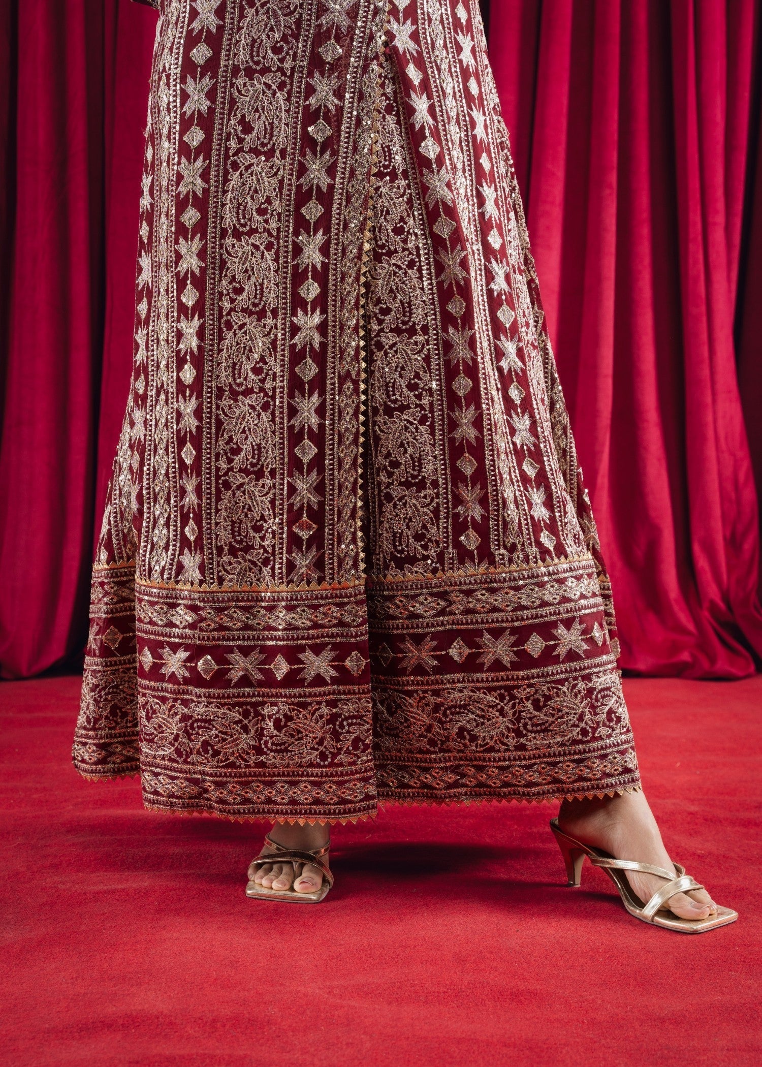 Pakistani Maroon Embroidered Chiffon Angrakha Set (3-Piece) - Image 8